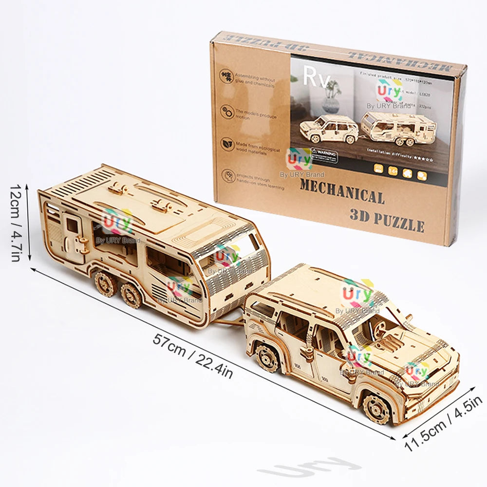 Ury 3D Wooden Puzzle Movable Caravan Travel Trailer Motor Home Handmade Assembly Truck Model DIY Toys Decoration Gift for Kids