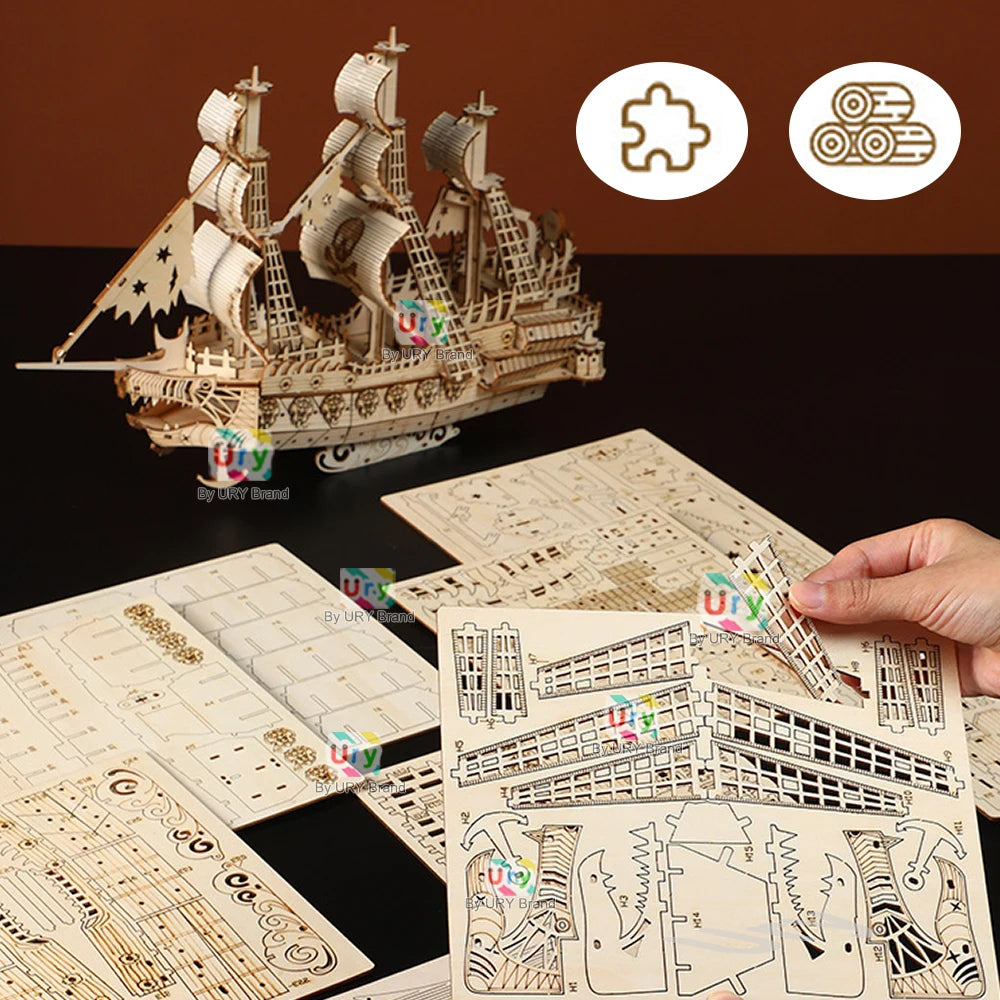 Ury DIY 3D Wooden Puzzle Retro Style Halloween Ghost Pirate Ship Model Toys Handmade Set Home Decoration Christmas Gift for Kids