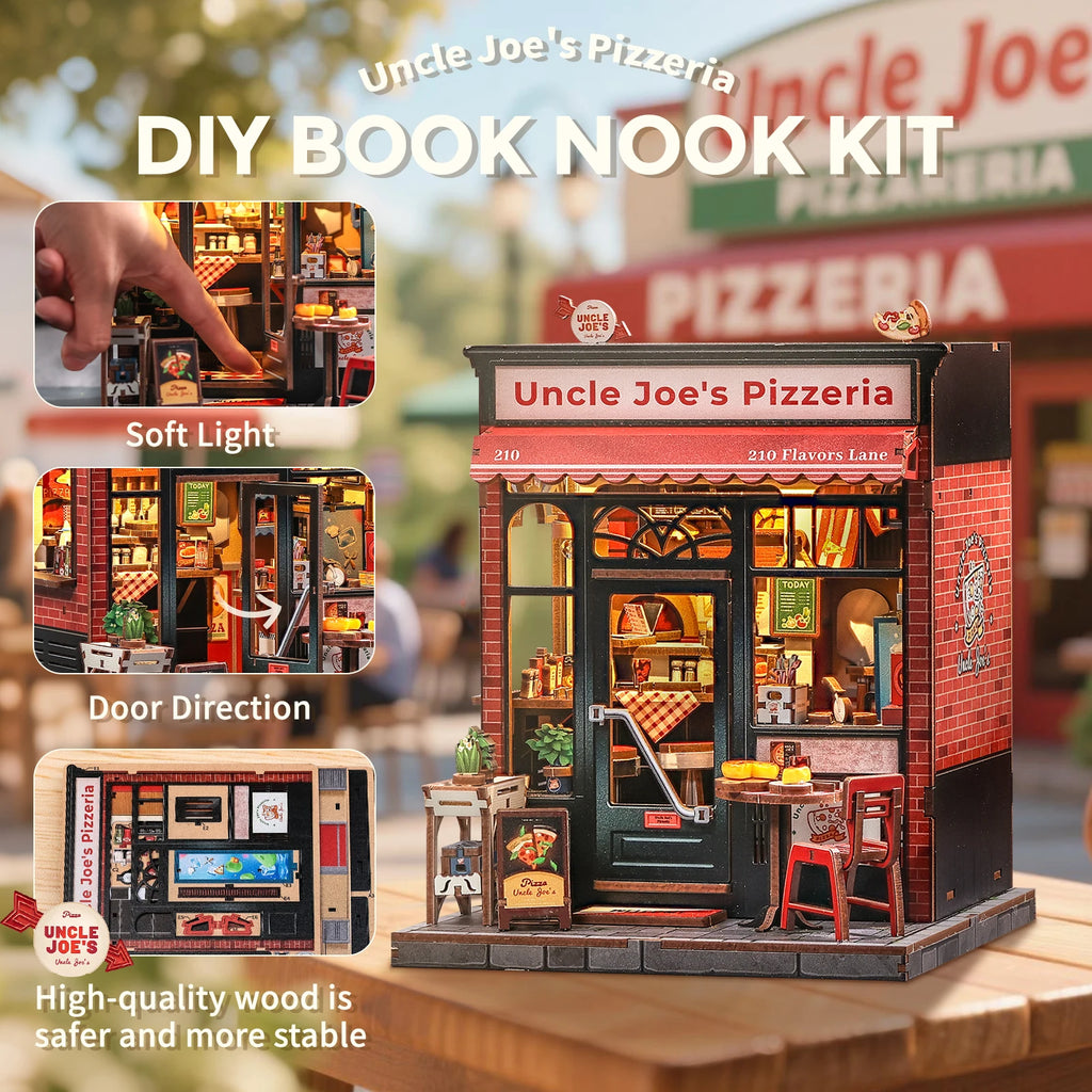 CUTEBEE Book Nook Kit DIY Doll House with LED Light Bookshelf Insert Uncle Joe's Pizzeria Miniature Model For Party Family Gift