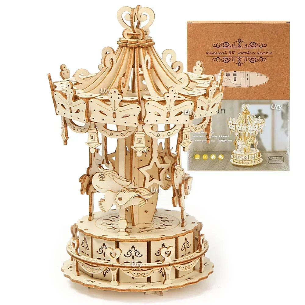 DIY Laser Cutting 3D Wooden Puzzle Ferris Wheel Carousel Mechanical Model Assembly Craft Kits Desk Decoration for Christmas Gift