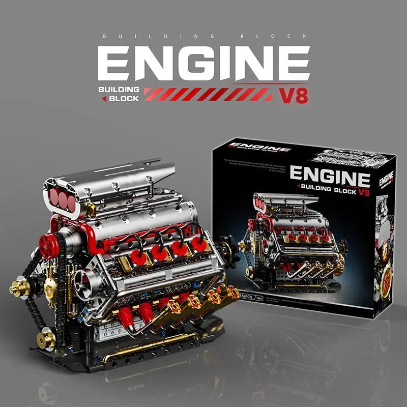 GQ3703 1176PCS V8 Engine Model Sports Car Simulation Cylinder Chain Drive Engine Building Blocks Ornaments Bricks Toy Kids Gift