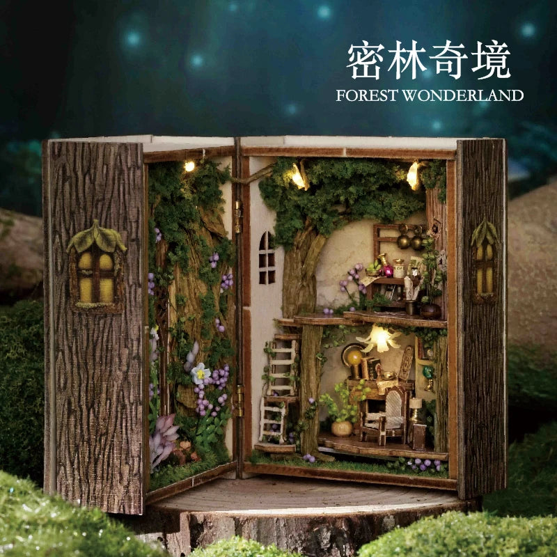 DIY Mini Magic Cube Book House –FOREST WONDERLA No-Cut 3D Puzzle Kit with Flip-Page Design,Christmas Gift & Decorative Book Nook