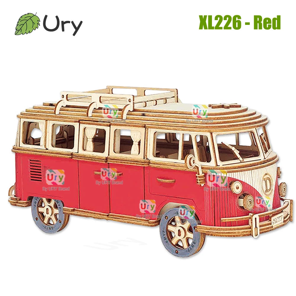 Ury 3D Wooden Puzzle Retro Camping Car Bus Classic Nostalgic Movie Vehicle Assembly Model DIY Decoration Gift Toys for Kid Adult
