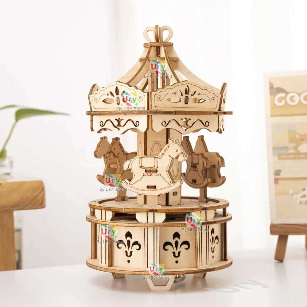 Rotatable DIY 3D Puzzles Carousel merry-go-round Music Octave Box Wooden Model Mechanical Kits Assembly Decor Toys Gift for Kids