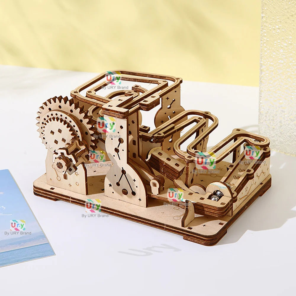 Ury 3D Wooden Puzzles Catapult Track Device Marble Run Set Mechanical Manual Model Science Maze Ball Assembly Toy Gift for Teens