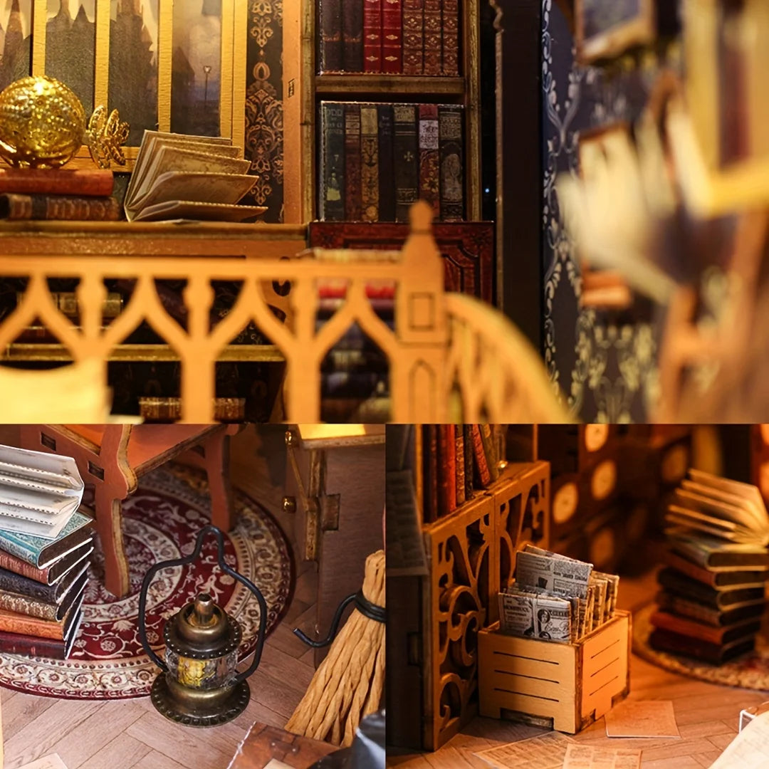 DIY Miniature House Bookend Sensor Light, Wooden Craft Kit for Adults - Magic Bookshelf Decor, Creative Christmas Gift Collectio