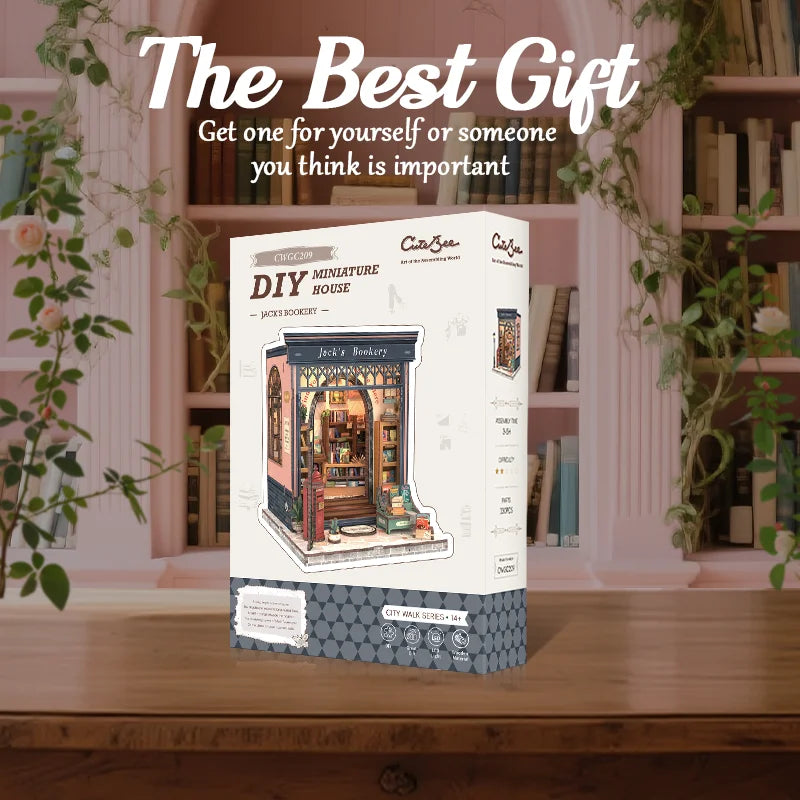 CUTEBEE Book Nook Kit DIY Doll House with LED Light Bookshelf Insert Jack's Bookery Miniature Model For Birthday Family Gift