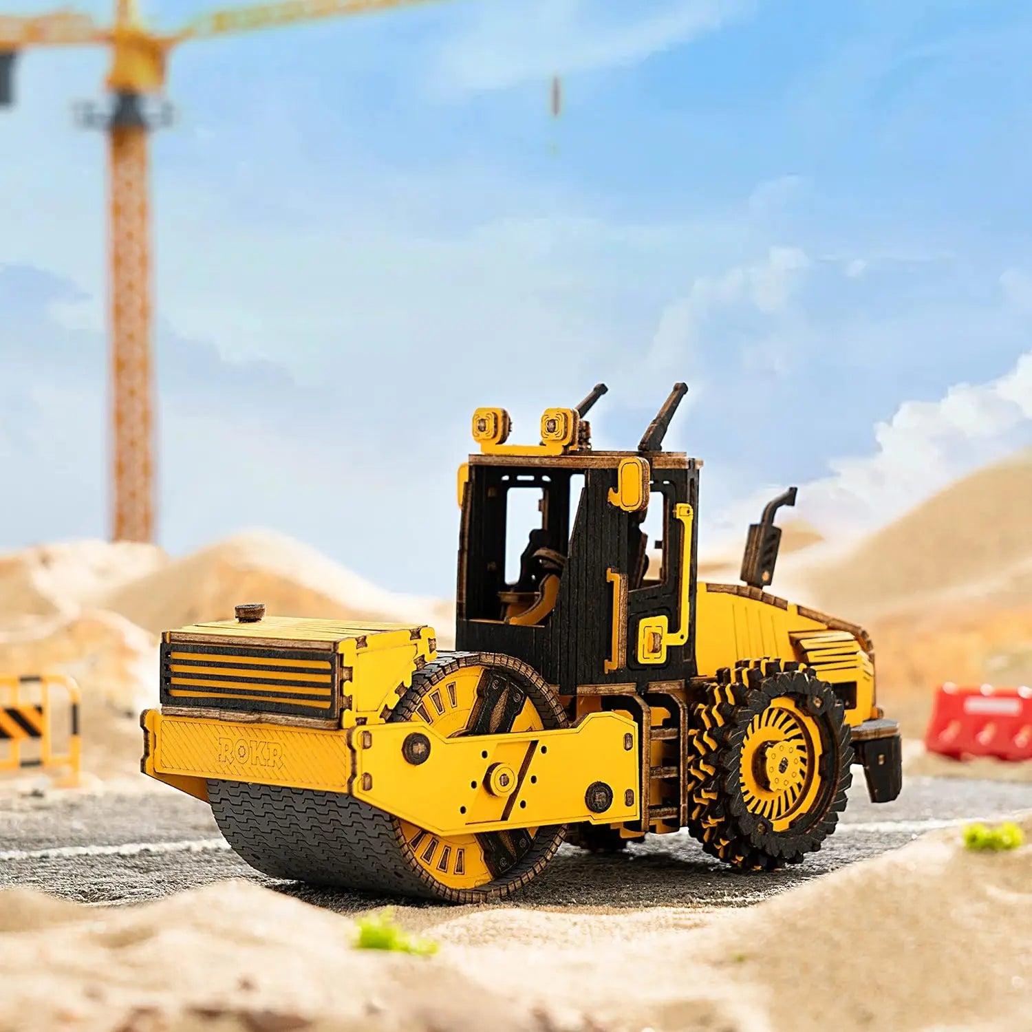 Robotime Rokr 3D Puzzles Wooden Model Car Kits Engineering Road Roller Model DIY Wooden Building Kits for Kids Gift for Birthday