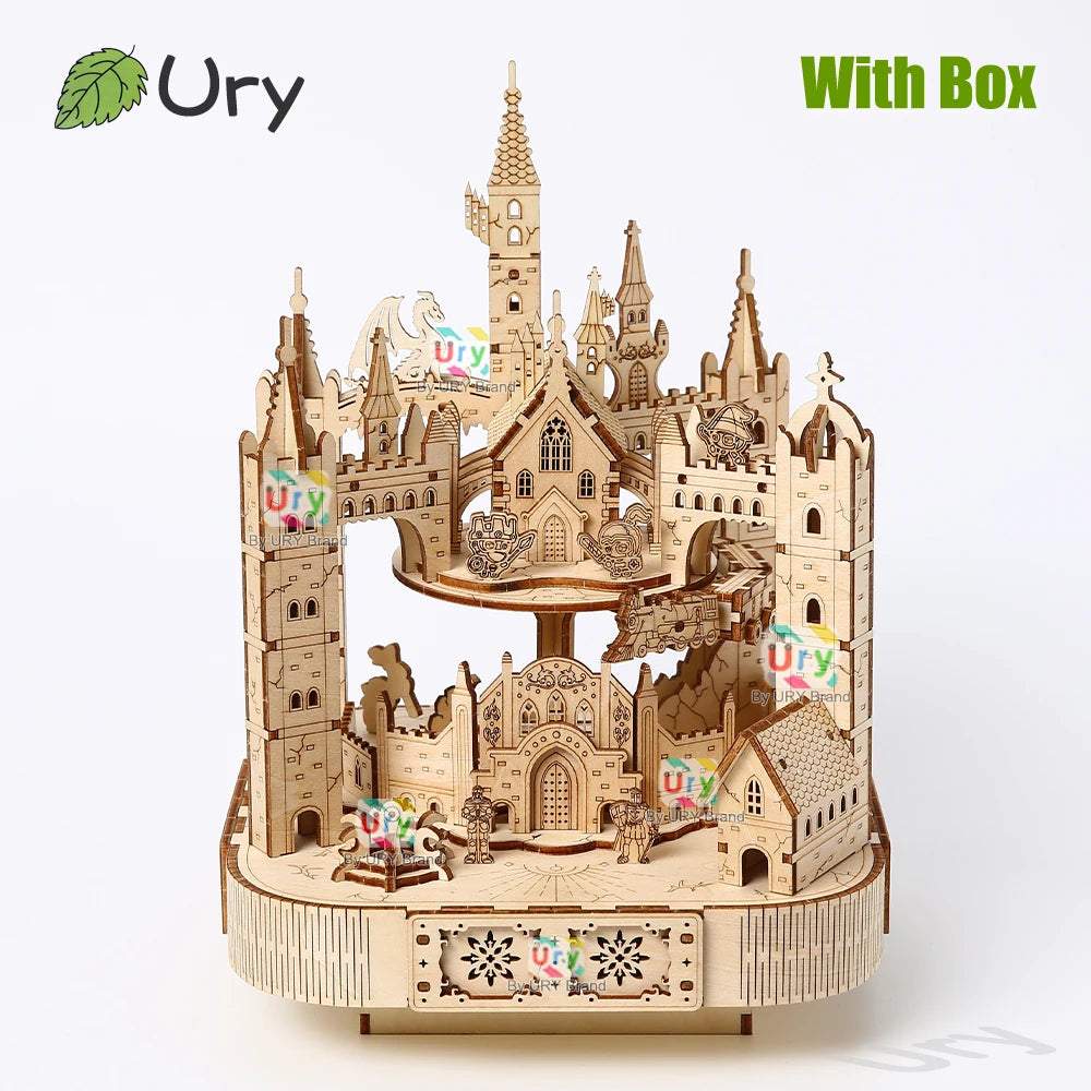 Ury 3D Wooden Puzzle Musical Octagonal Box Rotatable Touring Train Castle Model Mechanical Kit Decor DIY Toy Gift for Kid Adult