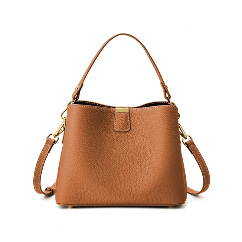 Burminsa Cowhide Genuine Leather Bucket Crossbody Shoulder Bags For Women 2025 Luxury Designer Top Handle Work Ladies Handbags