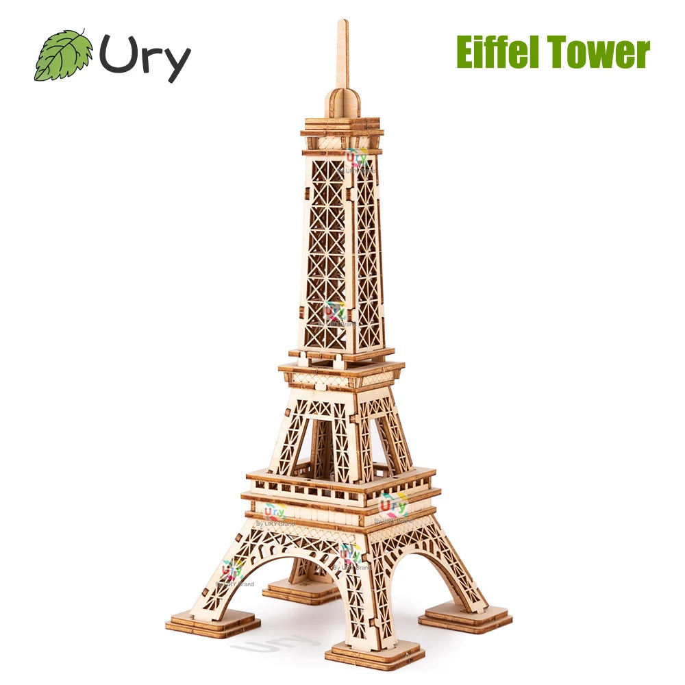 Ury 3D Wooden Puzzle Paris Eiffel Tower with Light Famous European Classics Building World Architecture Model DIY Toy Decoration