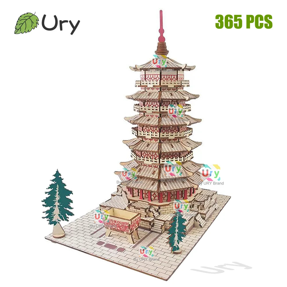 3D Wooden Puzzle Chinese Ancient Pagoda Architecture Mortise and Tenon Tower Model DIY Kits Toys Desk Decoration Gifts for Kids