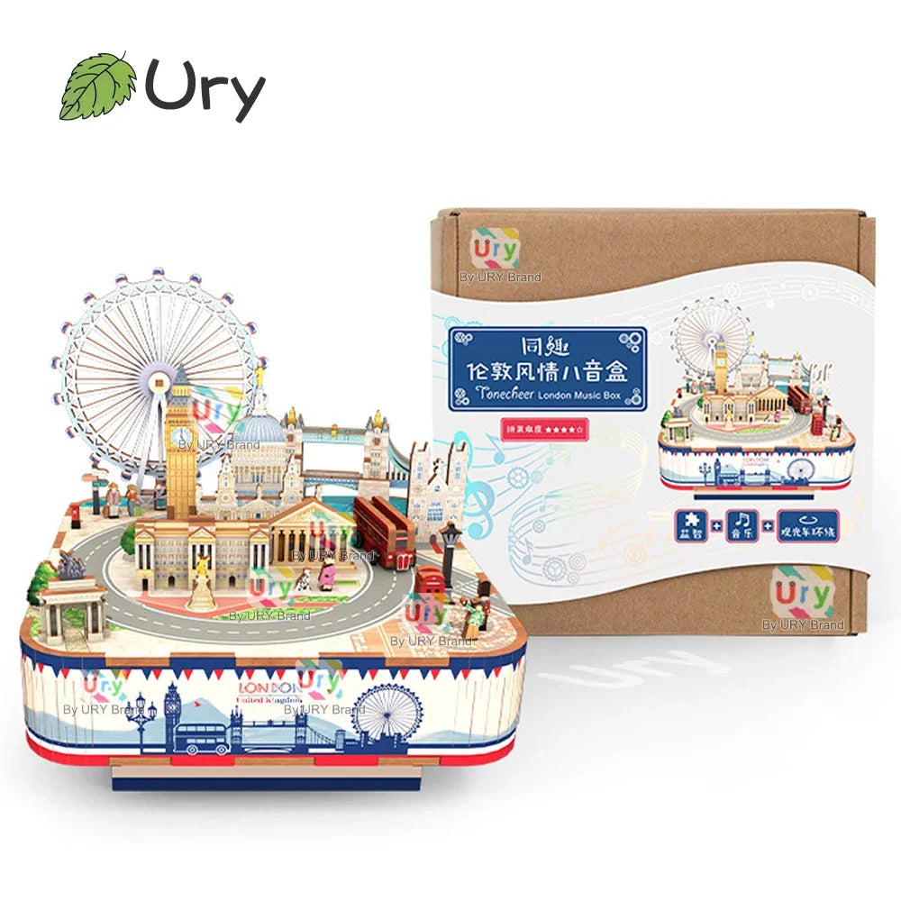 Ury 3D Wooden Puzzles Ferris Wheel London Scenery Rotatable Tour Bus  Bridge Music Box Model Kit Assembly DIY Toy Gift for Adult