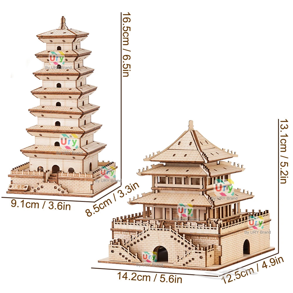 Ury 3D Wooden Puzzle Chinese Bell Tower Giant Wild Goose Pagoda Traditional Building DIY Model Assembly Desktop Gift for Adults