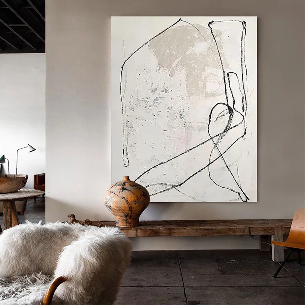 Large Size Handmade Oil Painting On Canvas Minimalism Black white lines Abstract Sofa Background Wall Art Home Hecoration Mural