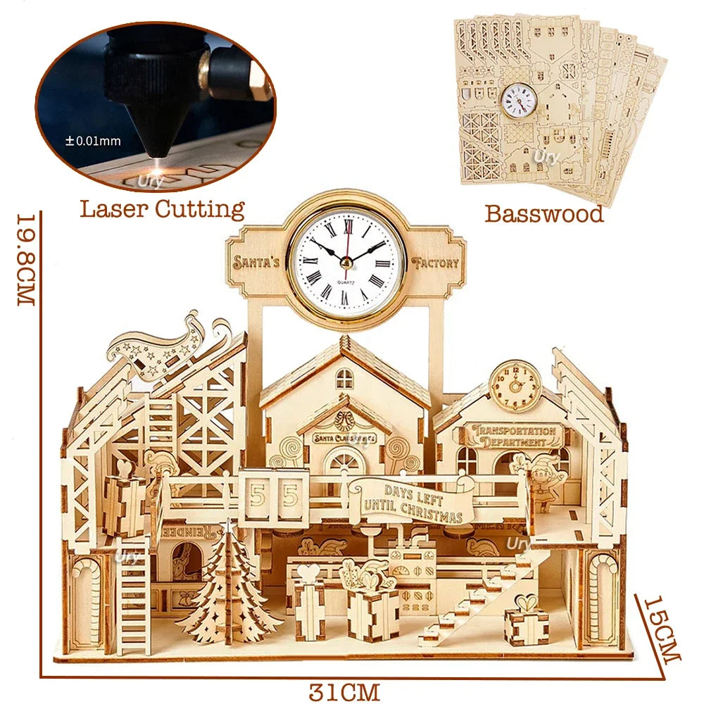 Ury 3D Wooden Puzzle Christmas Factory Table Clock Countdown Calendar Retro Toy for Kids Adults DIY Model Kit Decoration Gifts