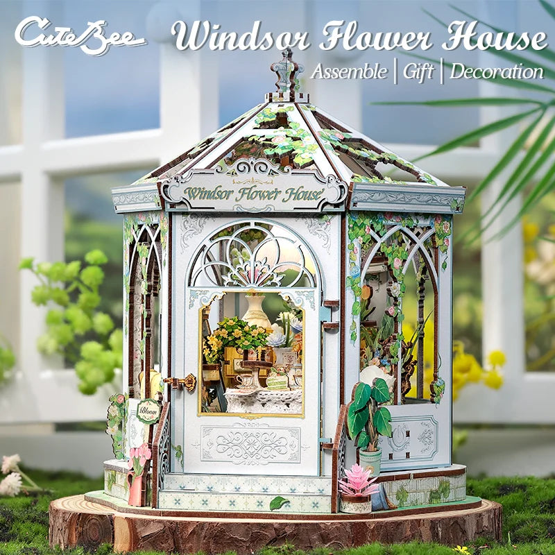 CUTEBEE DIY Book Nook Kit Windsor Flower House Wooden Bookshelf Insert 3D Building Model Miniature Dollhouse for Adults Gift