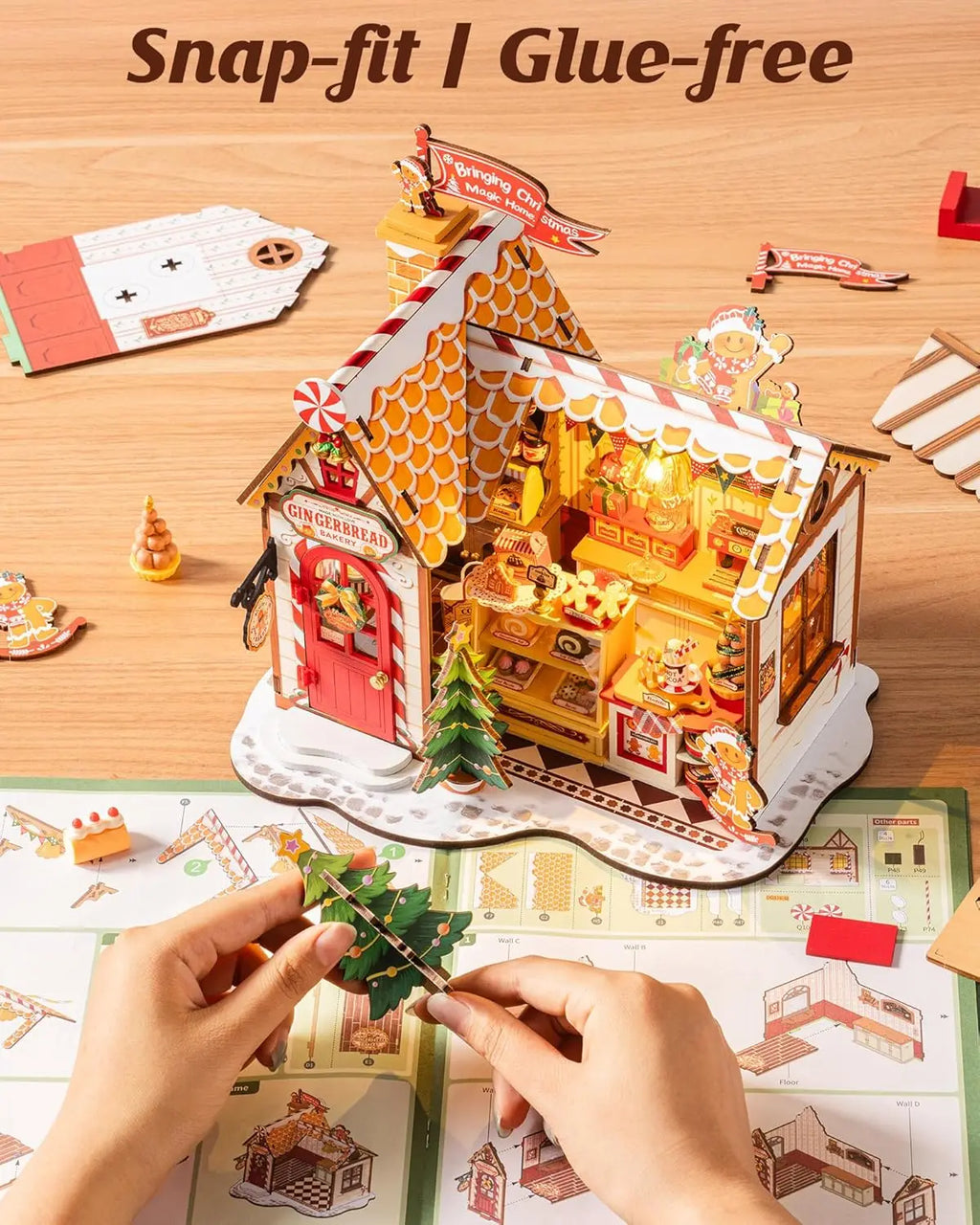 Robotime Rolife DIY Miniature House Kit Christmas Gingerbread House 250-Piece Model Kit Dolls House for Teens Adults No Glue