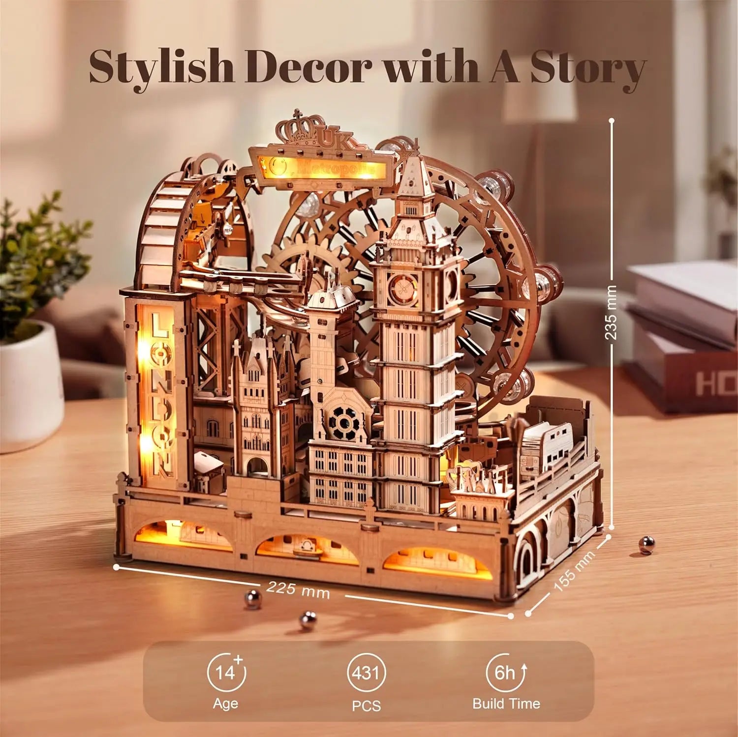 Robotime Rokr 3D Wooden Puzzles London City Miniature Marble Run Building Toys DIY Pinball Machine Model Kits Gear Ball Challeng