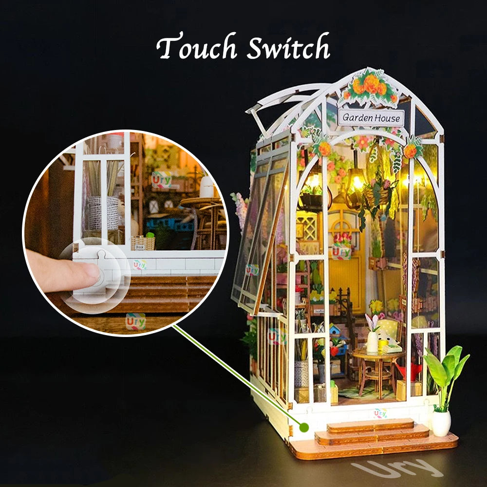 Ury 3D Wooden Puzzle LED Book Greenhouse Transparent Flower House Nook Shelf Insert Miniature Fairy Tale Town Girls Xmas Gift