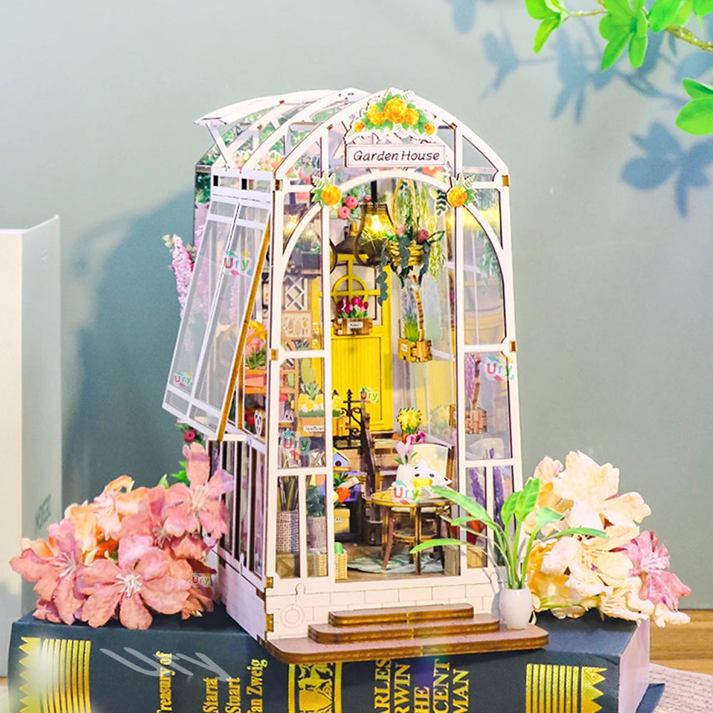 Ury 3D Wooden Puzzle LED Book Greenhouse Transparent Flower House Nook Shelf Insert Miniature Fairy Tale Town Girls Xmas Gift