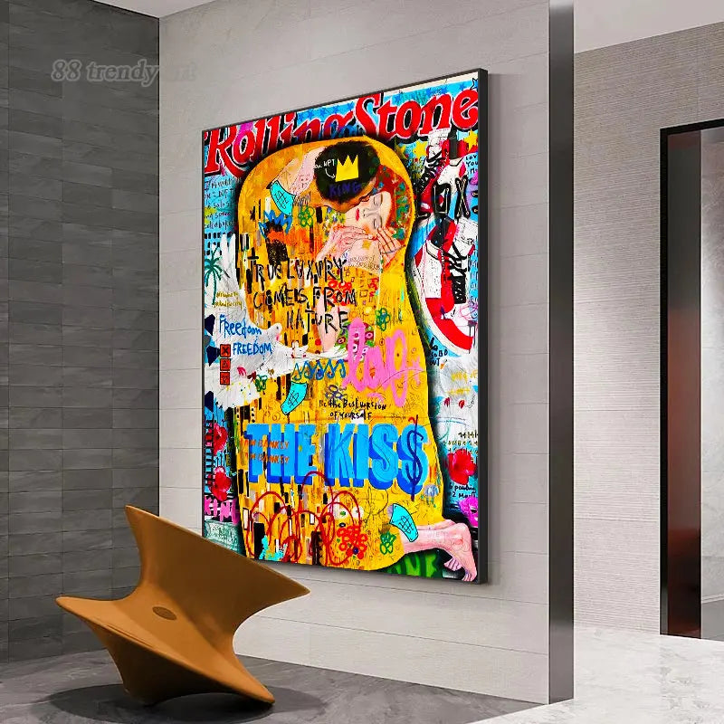 Famous Painting The Kiss By Gustav Klimt Canvas Painting Pop Art Posters and Prints Street Graffiti Wall Art Picture Home Decor