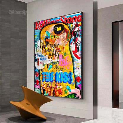 Famous Painting The Kiss By Gustav Klimt Canvas Painting Pop Art Posters and Prints Street Graffiti Wall Art Picture Home Decor
