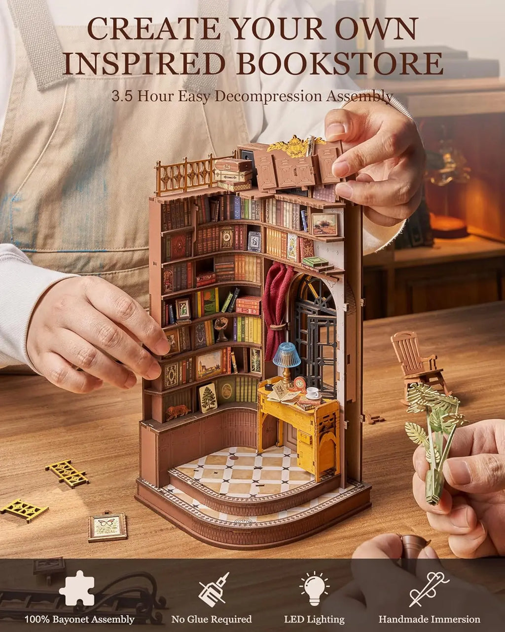 Robotime Silent Corner Study DIY Book Nook Shelf Insert Wooden Miniature Doll House for Bookshelf Insert Furniture TGE02