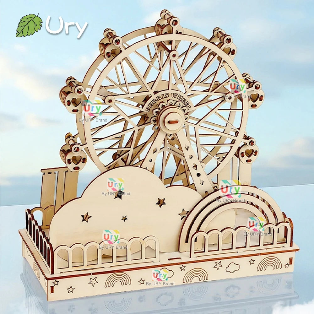 Ury 3D Wooden Puzzles Mini Amusement Park Ferris Wheel Hot Air Balloon Model Assembly Kits Decoration Toy Gift for Kids Adults
