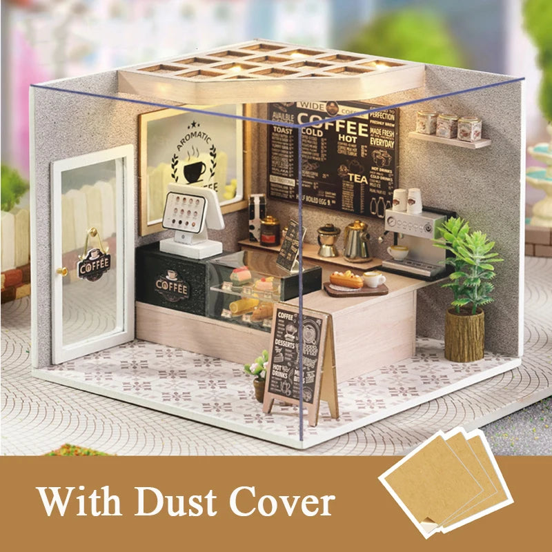 Cutebee DIY Dollhouse Miniature Kit with Furniture and Light Coffee Shop Wooden Room Building Model Toy for Adult Birthday Gifts