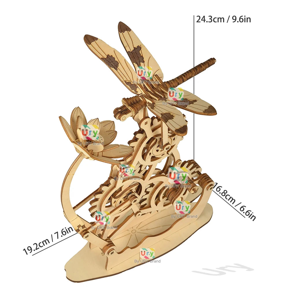 URY 3D Wooden Puzzle Mechanical Dragonfly Honey Harvesting DIY Insect Game Advanced Assembly Model Toys Creative Gift for Kids