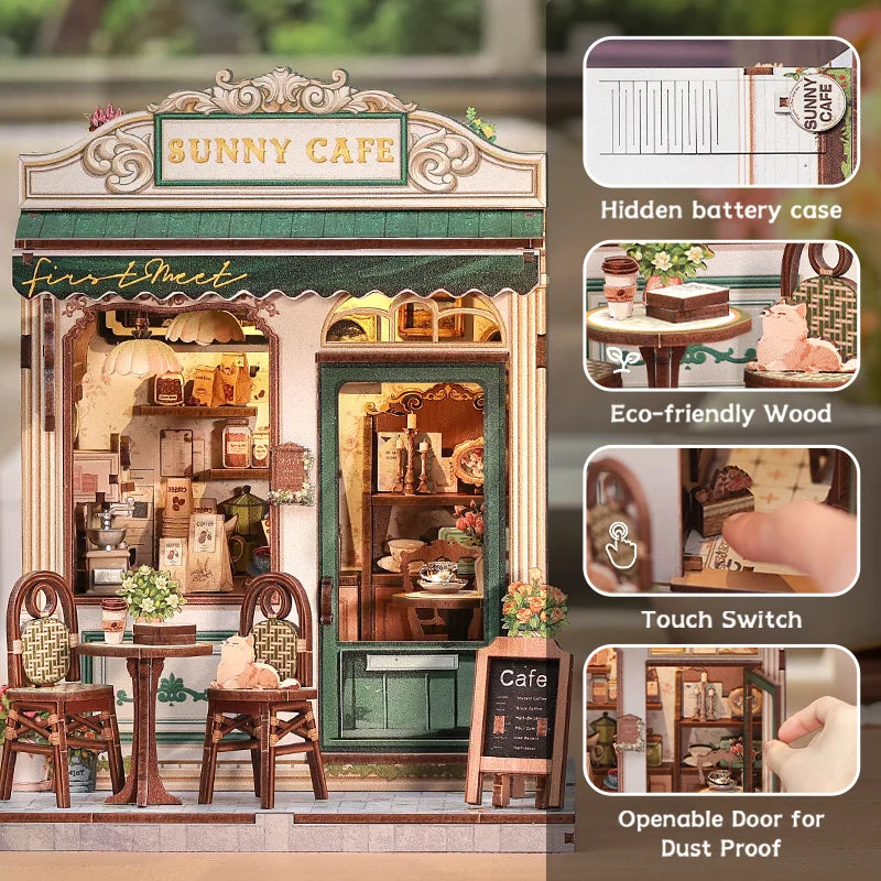 CUTEBEE Book Nook Kit DIY Doll House with LED Light Bookshelf Insert Sunny Cafe Miniature Model For Birthday Family Gift