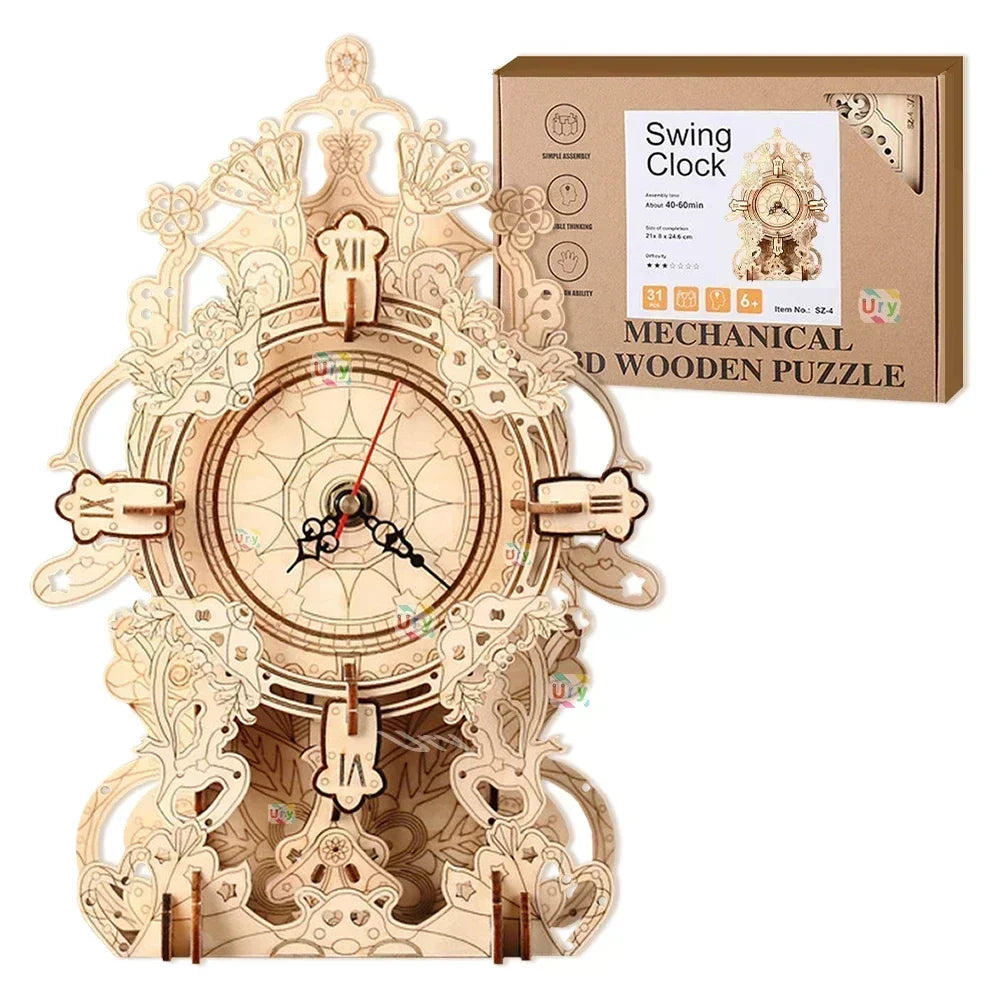 URY 3D Wooden Puzzle Retro Wall Clock Mechanical Model Building Luxurious Style Pendulum Assembly Home Decoration for Kids Gifts