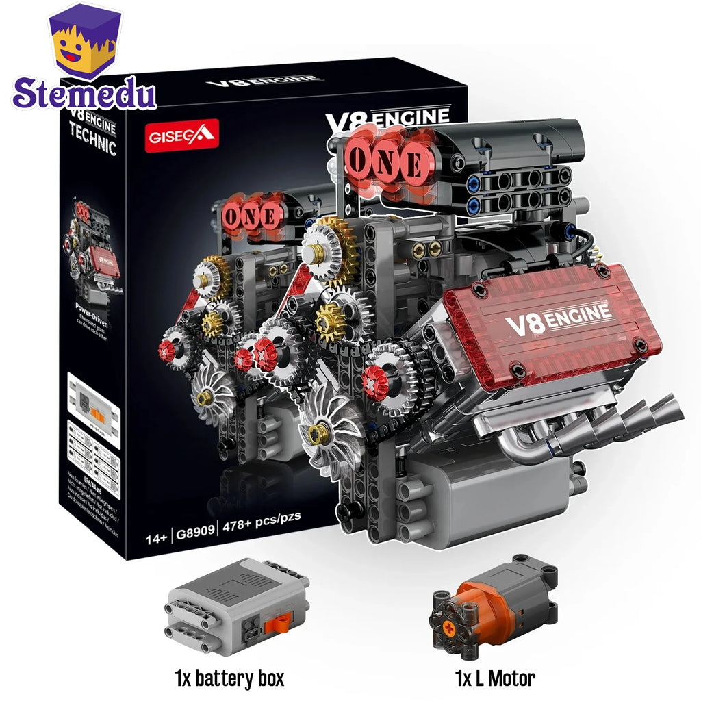 NEW G8909 478pcs V8 Engine Technical Building Blocks With L Motor Car Model Assembly Bricks Educational DIY Toys AA Battery Box