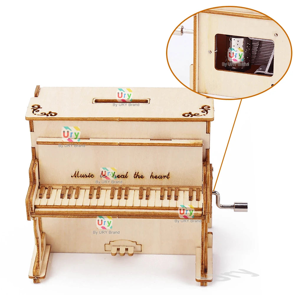 Ury DIY 3D Puzzle Piggy Bank Piano Hand Cranked Music Octave Box Wooden Model Mechanical Kits Assembly Decor Toys Gifts for Kids