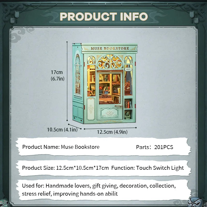 Cutebee DIY Mini Wooden Dollhouse With LED Light Doll House Muse Bookstore For City Walk Series DIY Miniature House Kit