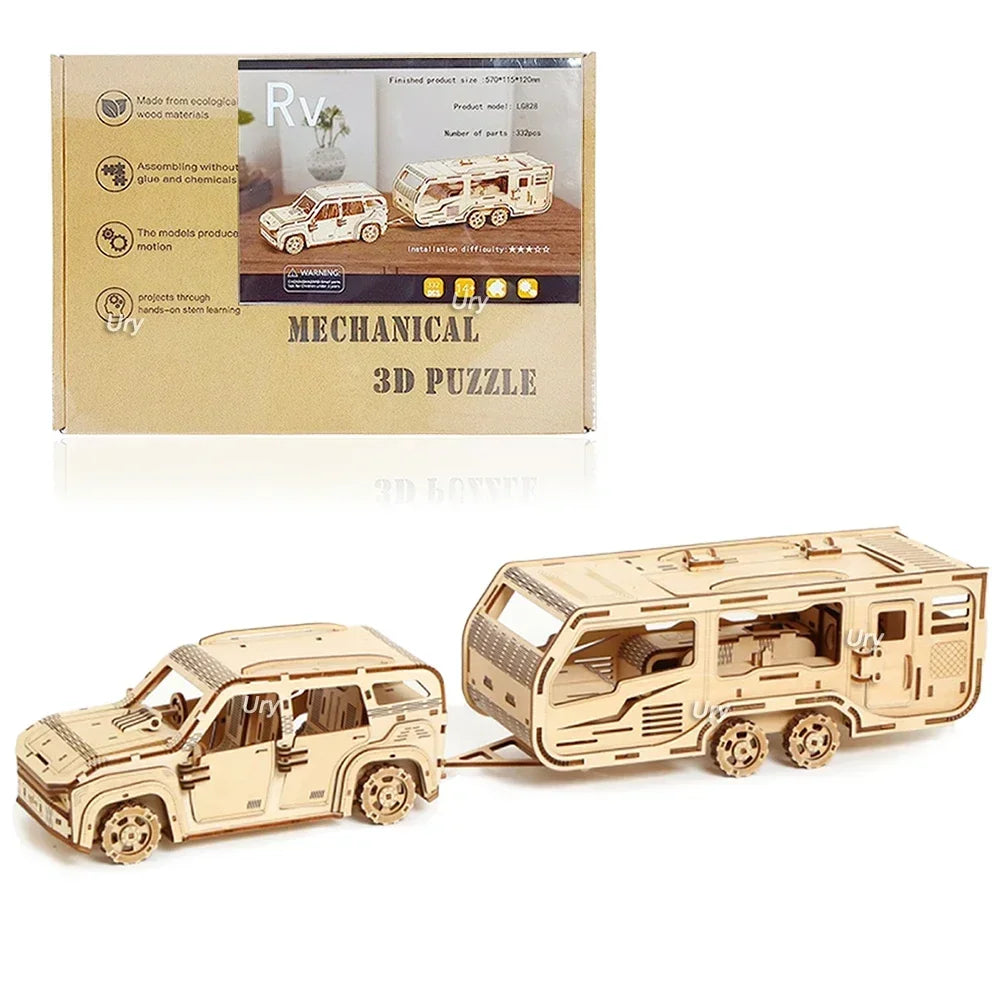 Ury 3D Wooden Puzzle Movable Retro Biplane Crane Bulldozer Handmade Assembly Truck Model DIY Toys Decoration Gift for Kids