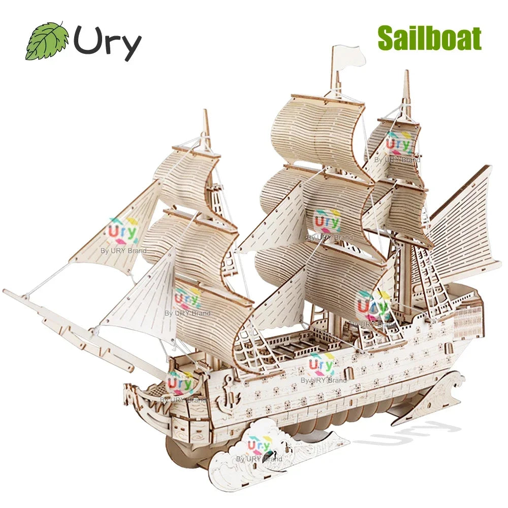 URY DIY 3D Wooden Puzzle Retro Sailboat Carrack Ship Model Kit Toys Handmade Set Home Desktop Decoration Christmas Gift for Kids