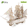 URY DIY 3D Wooden Puzzle Retro Sailboat Carrack Ship Model Kit Toys Handmade Set Home Desktop Decoration Christmas Gift for Kids