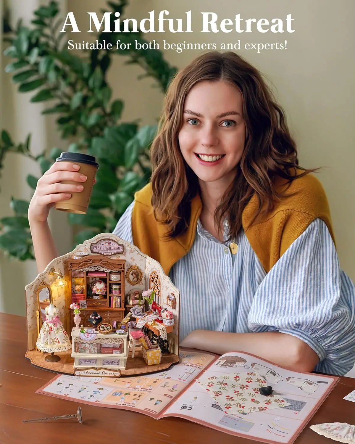 Robotime DIY Miniature House Kit Elsa's Tailoring 1:18 Scale Dollhouse Building Kit Antique Bookshelf Display Crafts for Adults