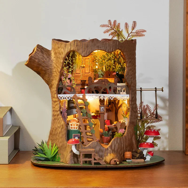 Robotime Rolife DIY Miniature House Kit Fairytale Tree House Dollhouse Building Kit Antique Bookshelf Display Crafts for Adults