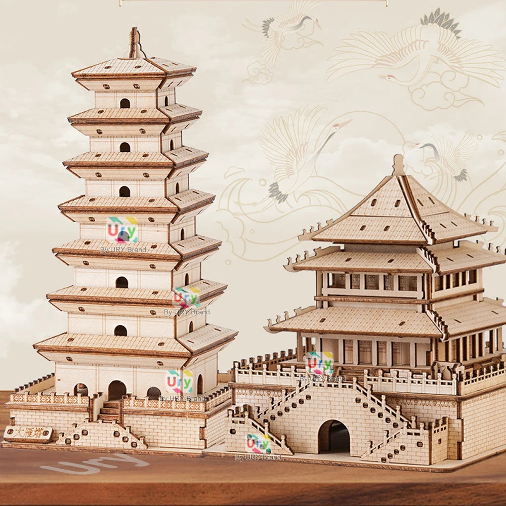Ury 3D Wooden Puzzle Chinese Bell Tower Giant Wild Goose Pagoda Traditional Building DIY Model Assembly Desktop Gift for Adults