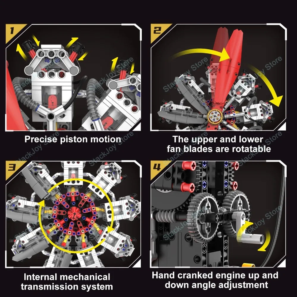 K96214 1100PCS Radial Aircraft Engine Model Light Version 9-Cylinder Building Kit with Realistic Mechanics for Adults  Teens