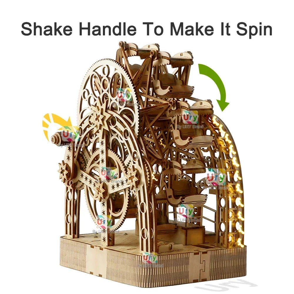 Ury 3D Wooden Puzzles Led Hand-driven Rotatable Ferris Wheel Music Box Model Mechanical Assembly Decor DIY Toy Gift for Adult