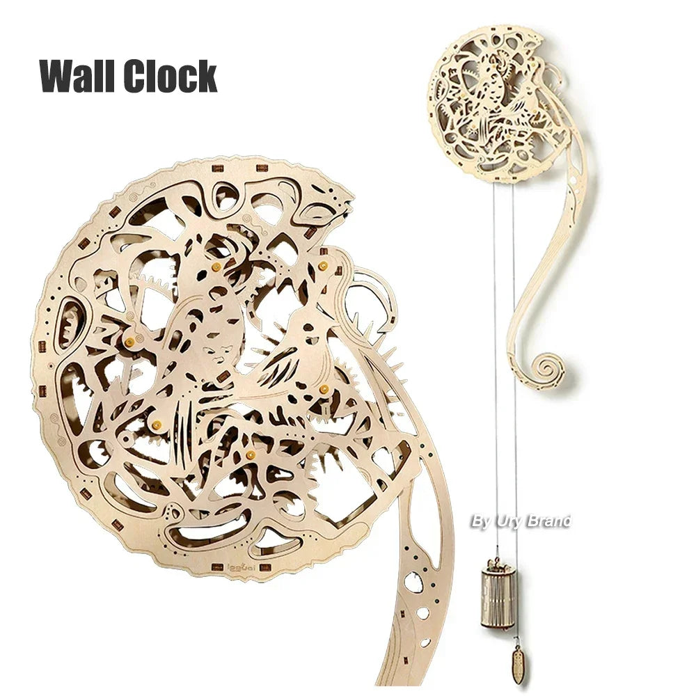 URY DIY 3D Wooden Puzzle Owl Wall Clock Mechanical Model Building Retro Style Pendulum Assembly Home Decoration for Kids Gifts