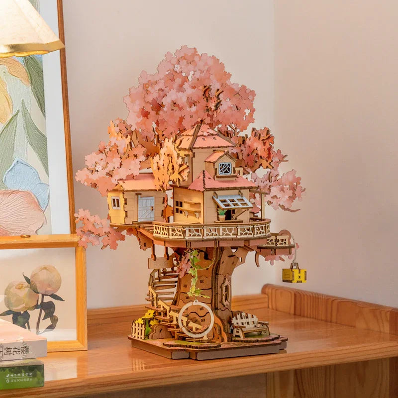 Robotime Rolife Sakura Tree House Model Kits 3D Wooden Puzzles Home Decor Gift Women Girls Boys for Adults