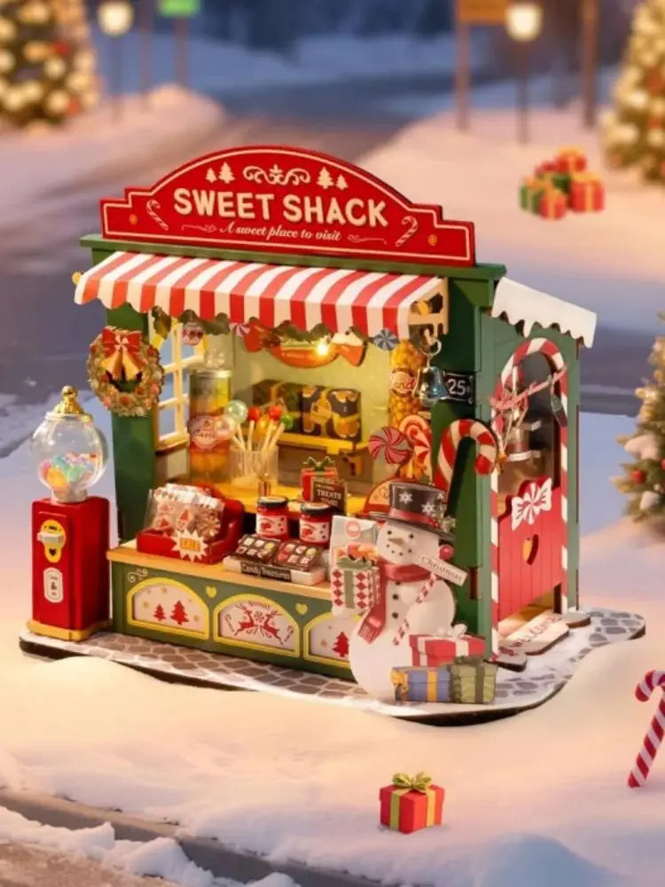 Robotime Miniature House Kit Christmas Candy Stall 170-Piece Model Kit Dolls House 3D Puzzle Mini House Christmas Decor