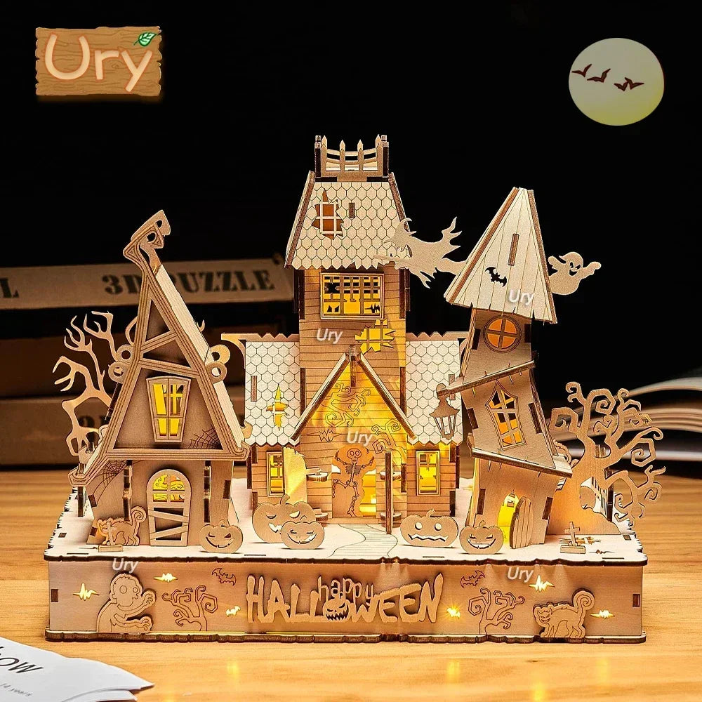 URY New 3D Halloween Haunted House Wooden Puzzle Ghost Tree Light DIY Model Craft Kits Desk Decoration Toys Gift for Kids