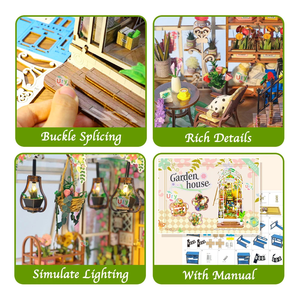 Ury 3D Wooden Puzzle LED Book Greenhouse Transparent Flower House Nook Shelf Insert Miniature Fairy Tale Town Girls Xmas Gift