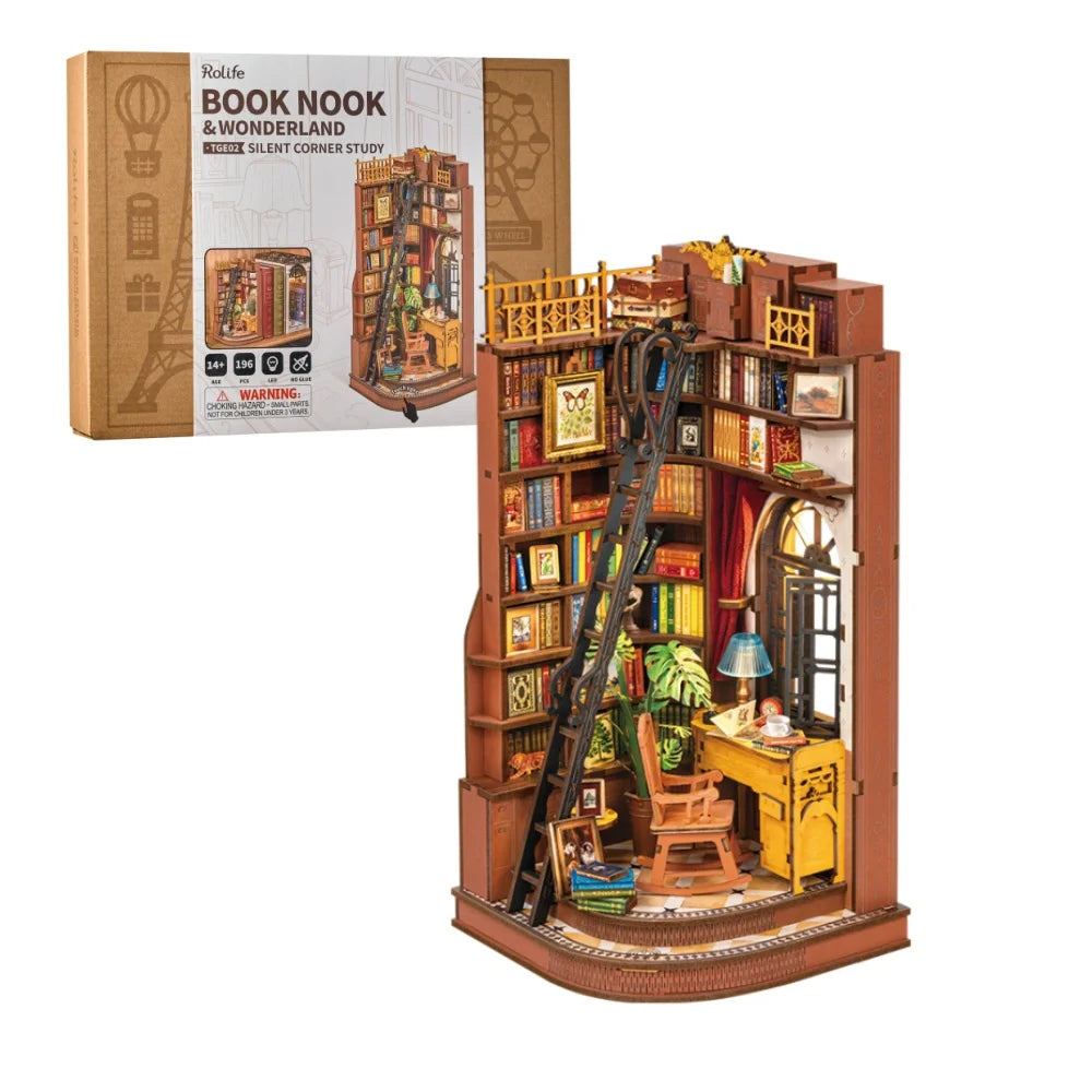 Robotime Silent Corner Study DIY Book Nook Shelf Insert Wooden Miniature Doll House for Bookshelf Insert Furniture TGE02